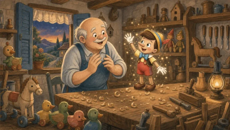 Pinocchio magically wakes up and waves hello in Geppetto's workshop.