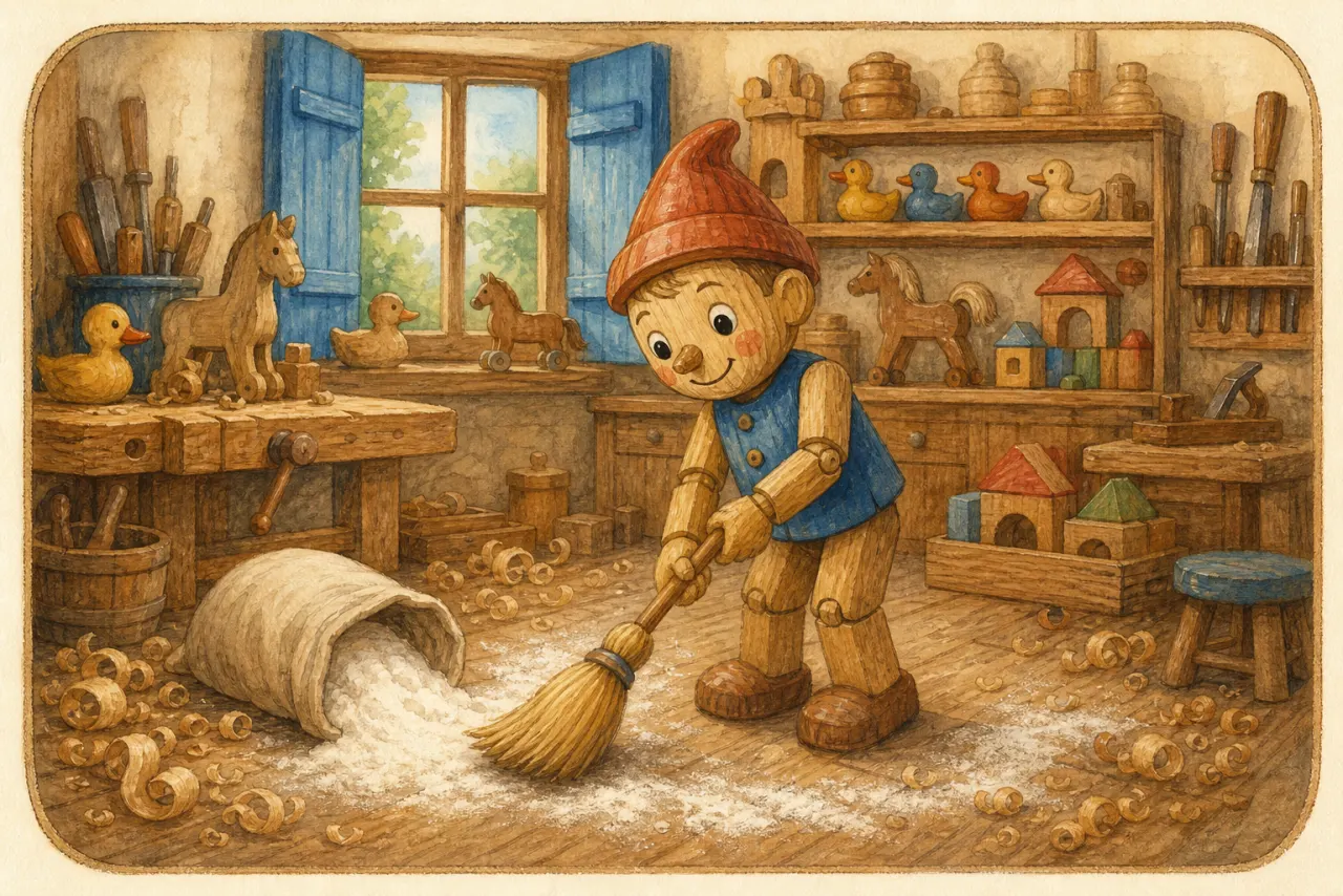 Pinocchio sweeps the workshop and accidentally tips over a flour bag.