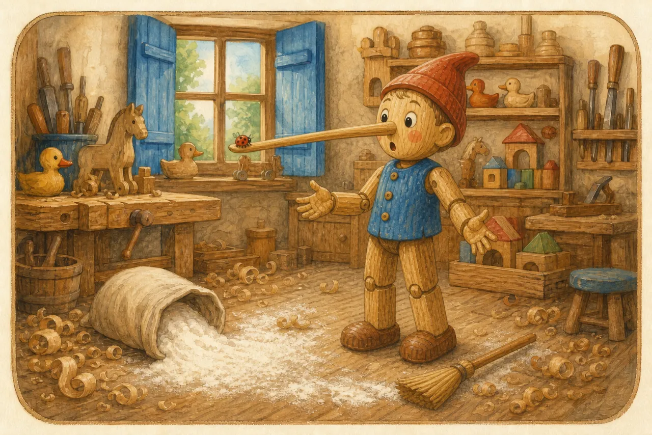 Pinocchio's wooden nose grows long after he tells a fib.