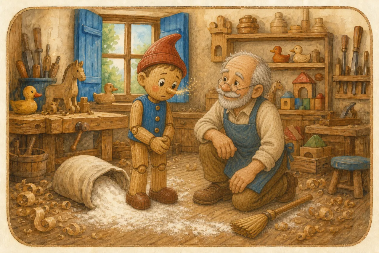 Pinocchio tells Geppetto the truth beside the spilled flour.
