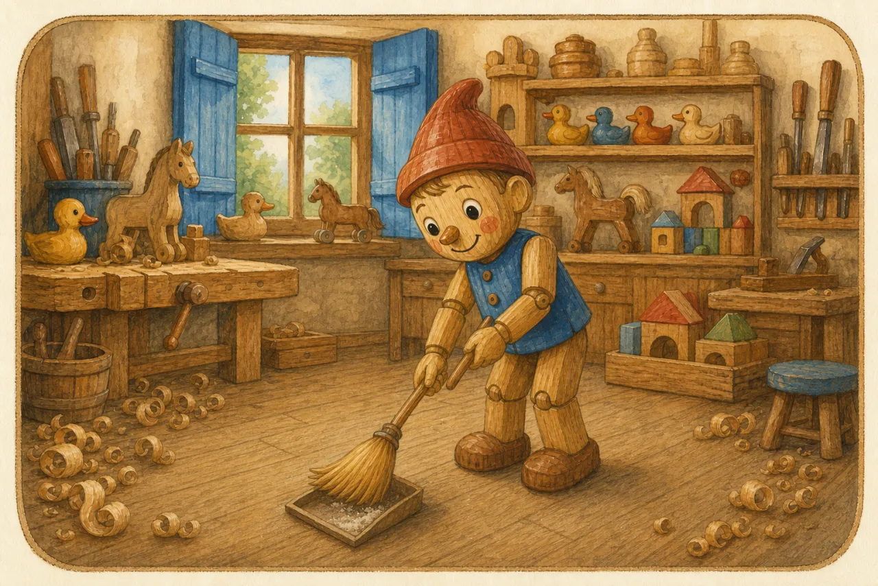 Pinocchio cleans the last flour from the workshop floor.