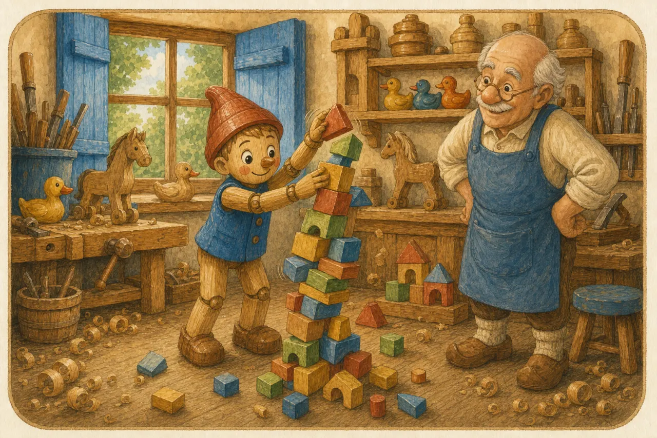 Pinocchio and Geppetto build a tall colorful tower of wooden blocks.