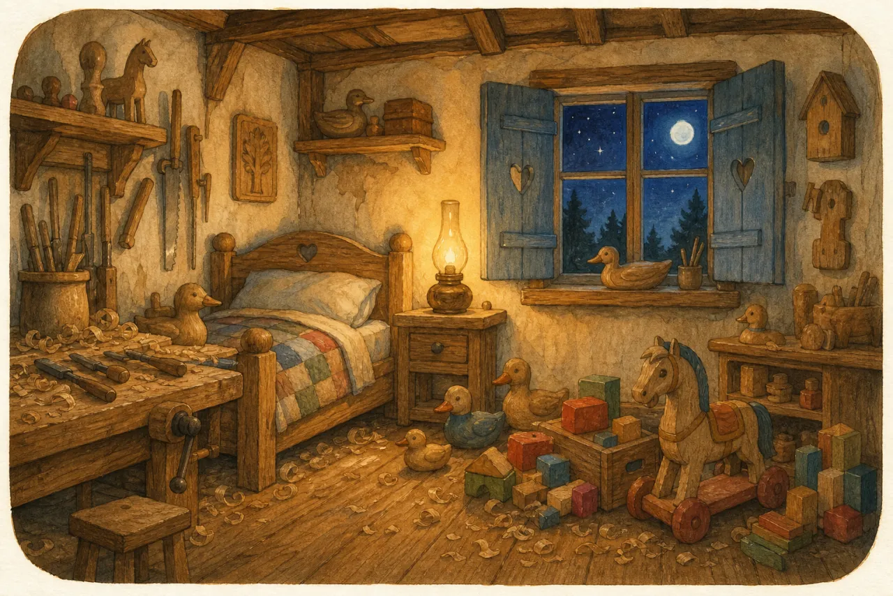 Geppetto's workshop grows quiet at night under moonlight.
