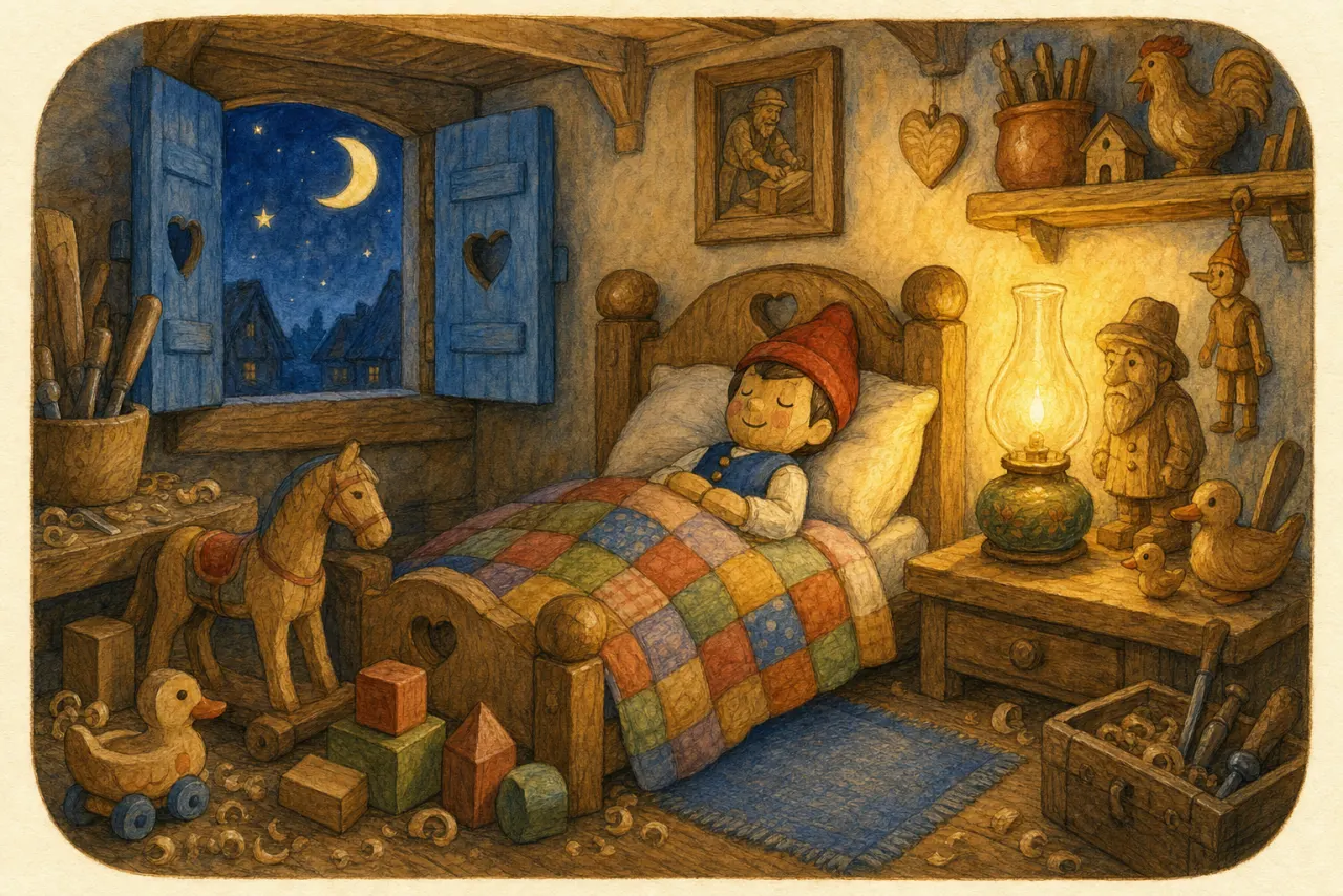 Pinocchio rests peacefully in a little handmade bed by warm lamplight.