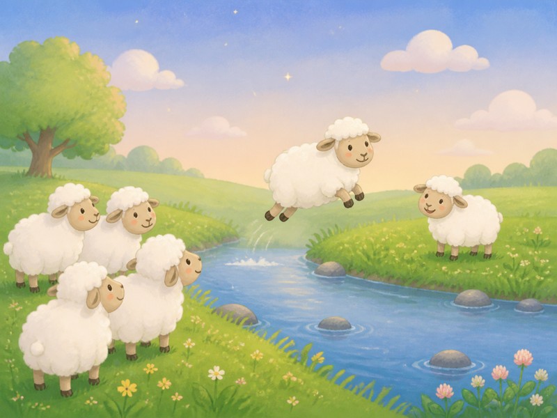 The second fluffy sheep hopping softly across the river