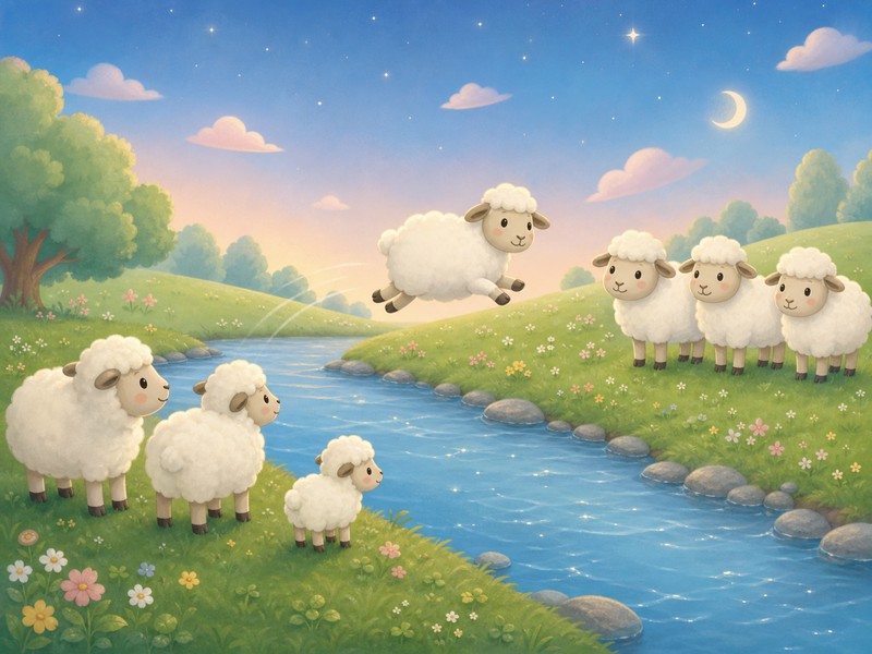 Sheep crossing the moonlit river one by one