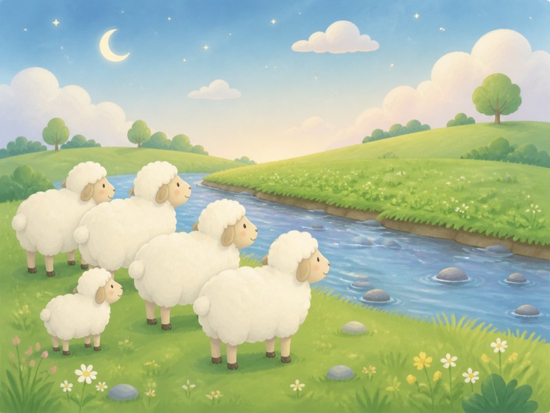 Little sheep looking at a quiet moonlit river before crossing