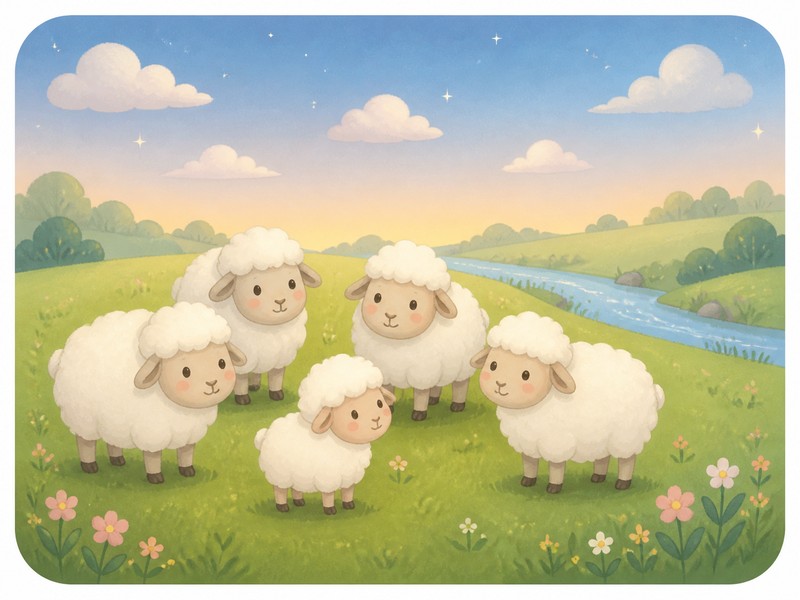 Six sleepy white sheep standing on a soft green hill at dusk
