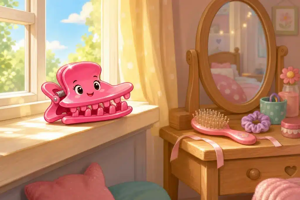 Snappy the shiny pink hair clip sits on a sunny windowsill above a wooden dressing table.