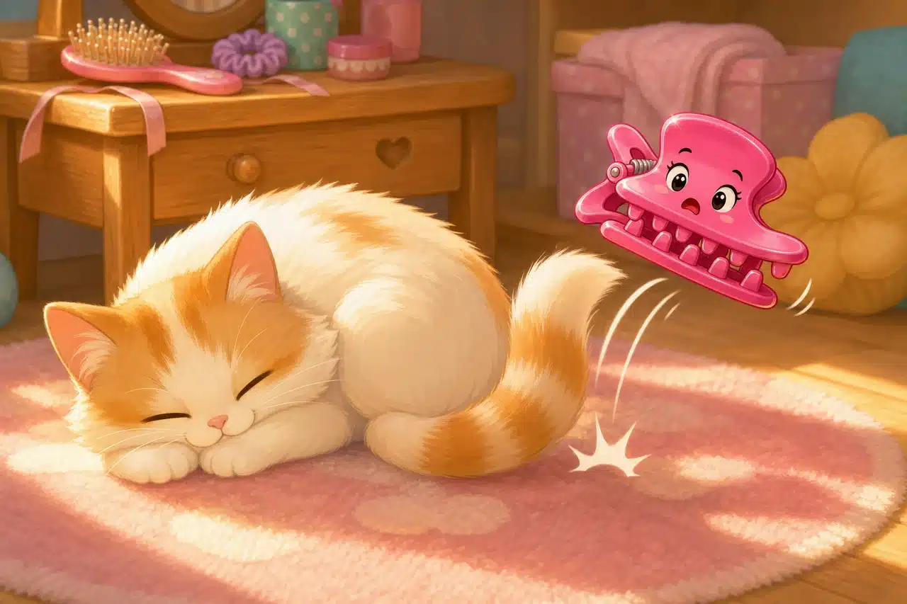 Snappy rebota inofensivamente cerca de la cola dormida de Kitty, la gata, sobre una alfombra soleada.