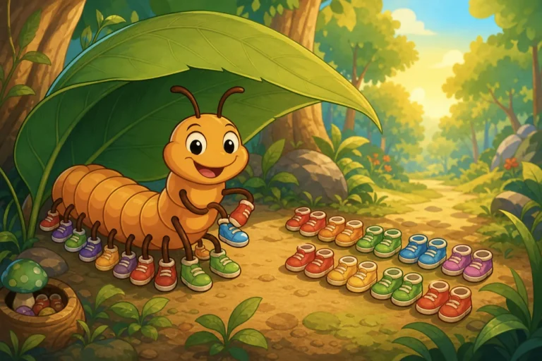 Stella the centipede gets ready under a big green leaf with rows of colorful shoes.