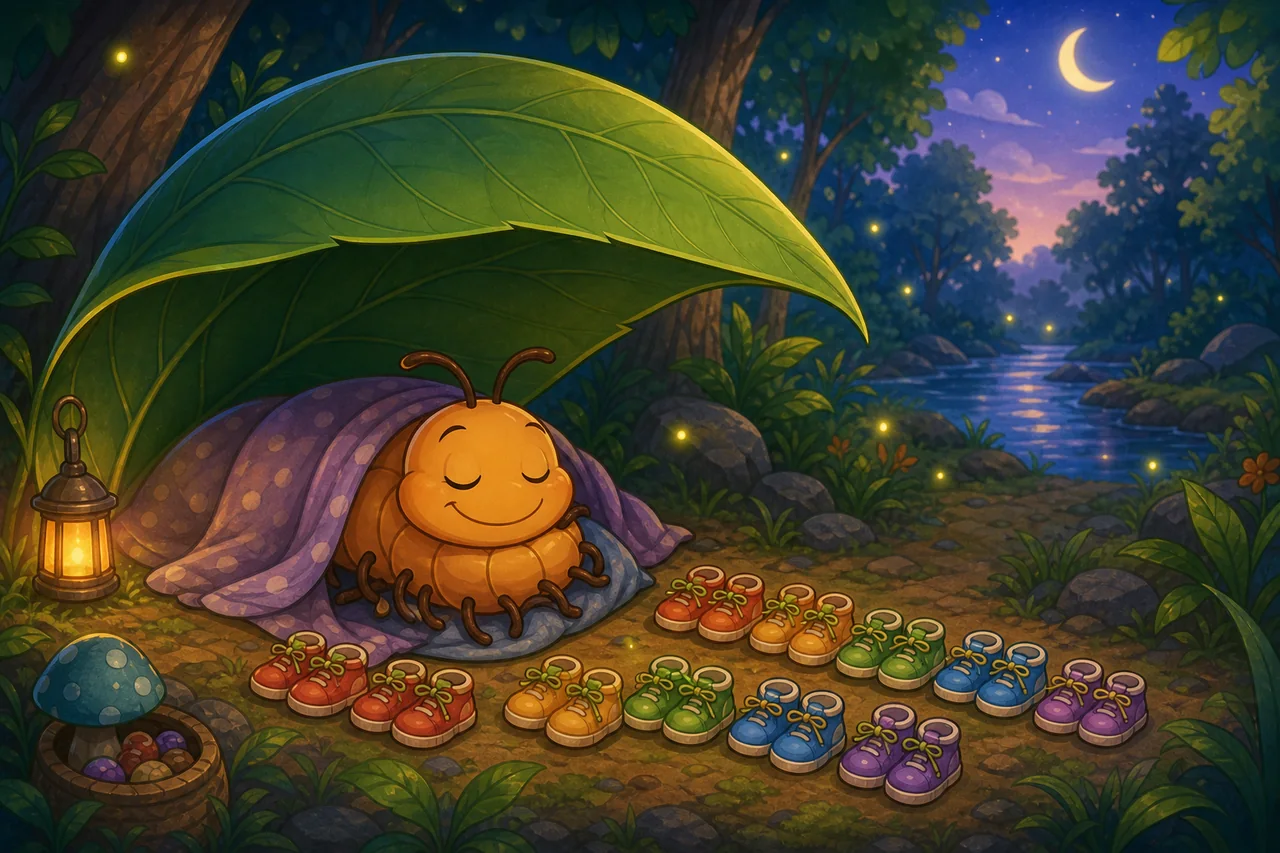 Stella duerme bajo su gran hoja al atardecer con todos sus zapatos de colores a salvo a su lado.