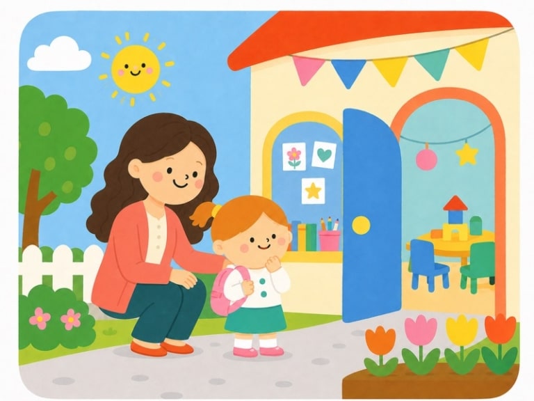 Mia arrives at preschool with her long-haired mother and looks toward the bright open classroom door.