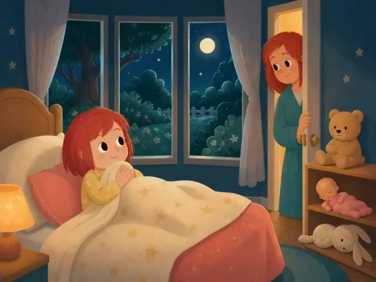 Lily lies awake in her cozy moonlit bedroom while Mommy peeks gently through the door.