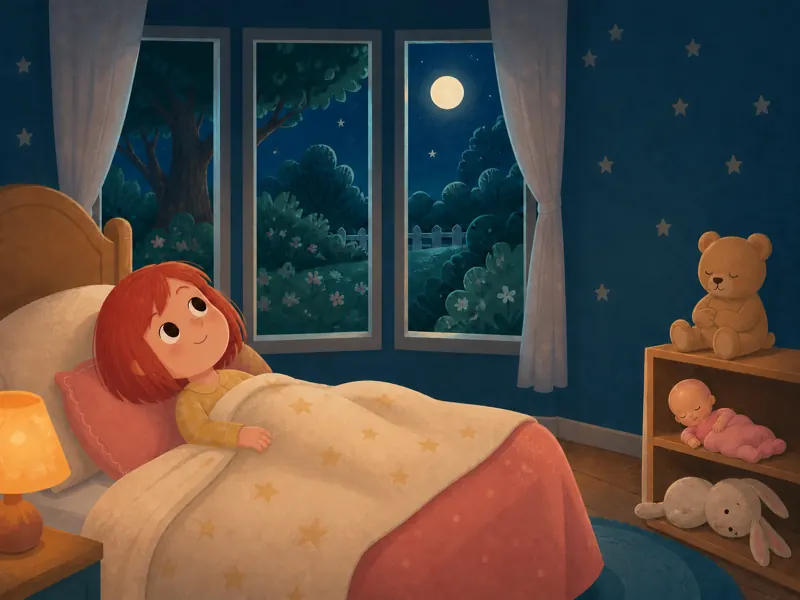 Lily looks up at the ceiling while her teddy bear, doll and floppy-eared bunny sleep nearby.