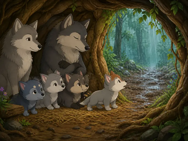 Roxy y sus hermanos observan la fuerte lluvia y el barro mientras papá les dice amablemente que esperen.