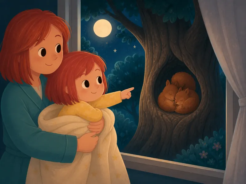 Lily and Mommy watch two squirrels curled up asleep in a hollow moonlit tree.