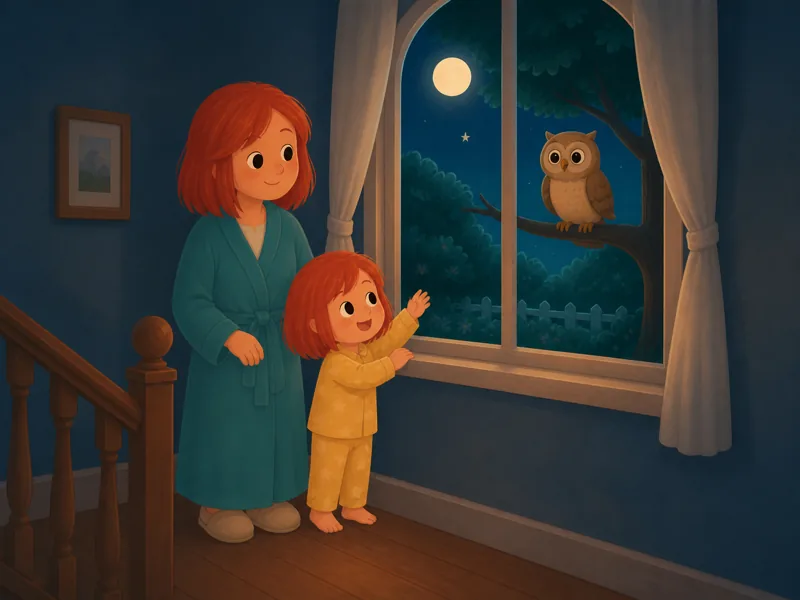 Lily and Mommy greet an owl from the upstairs stair-landing window.