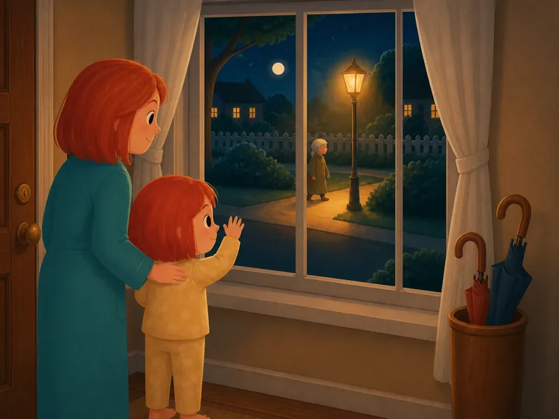 Lily thanks the streetlamp from the front-hall window beside the door.