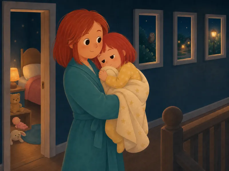 A sleepy Lily rests on Mommy's shoulder as they walk back through the quiet house.