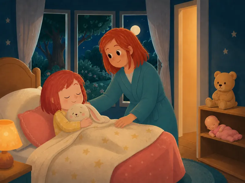 Mommy gently tucks Lily into bed while Lily hugs her floppy-eared bunny.