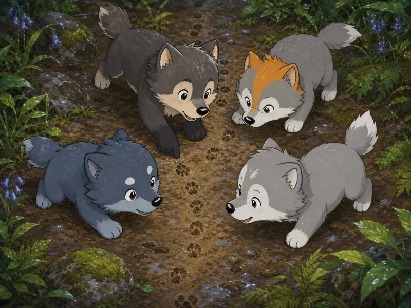 Cuatro curiosos cachorros de lobo forman un círculo alrededor de un claro rastro de pequeñas huellas en el barro húmedo.