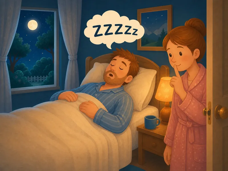 Daddy sleeps and snores softly while Mommy smiles and presses one finger to her lips for quiet.