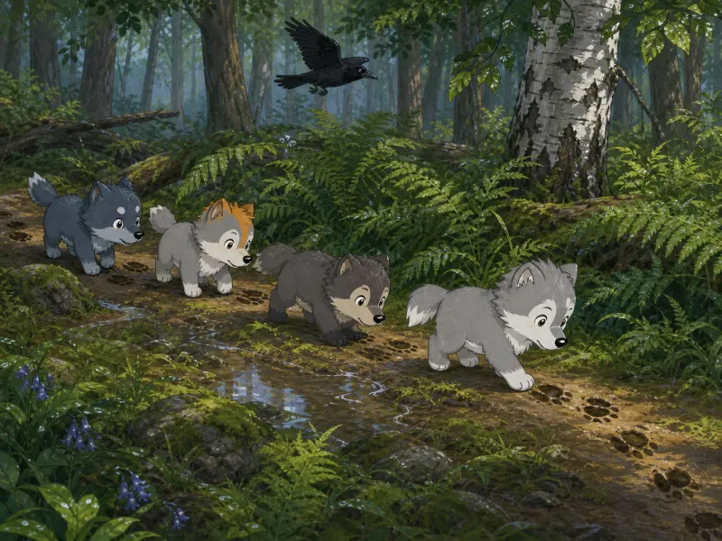 Los cuatro cachorros de lobo siguen en fila india huellas de patas embarradas debajo de los helechos y más allá de un abedul.