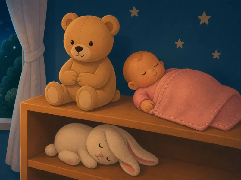 Lily's teddy bear, small toy baby doll and floppy-eared bunny rest quietly on the shelf.