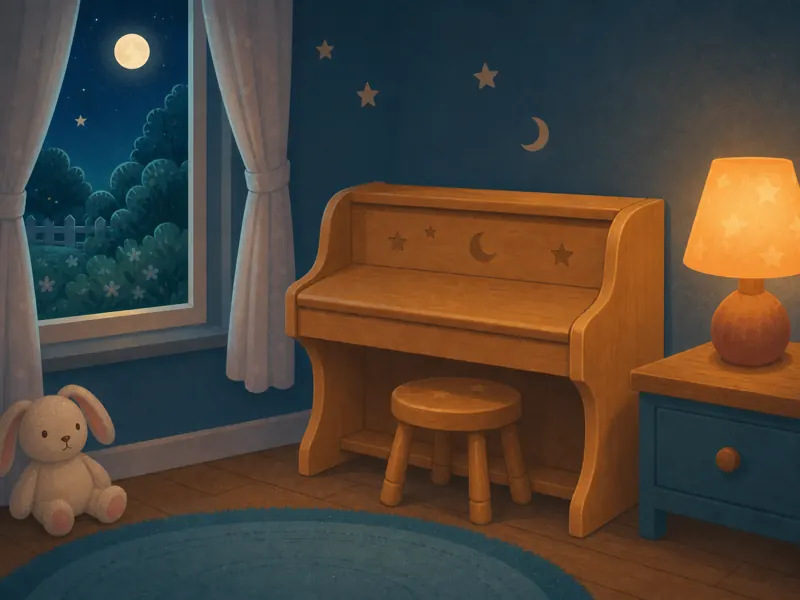 Lily's little wooden piano rests quietly with its stool tucked underneath.