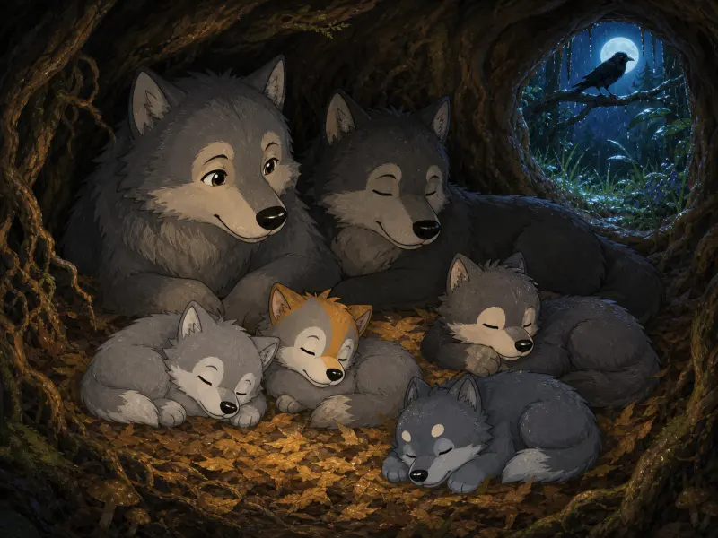 Cuatro cachorros de lobo cansados duermen seguros junto a mamá y papá mientras el cuervo sabio descansa afuera a la luz de la luna.
