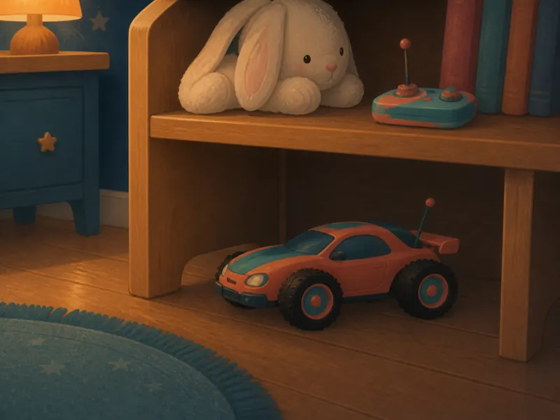 Lily's switched-off remote-control car is parked neatly beneath the table.