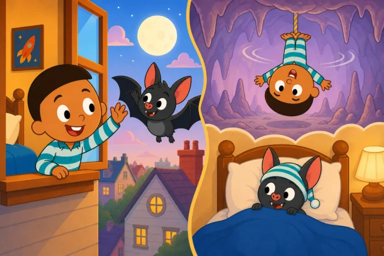 Ben waves to Batty at the window while the other half shows Ben hanging upside down in Batty's cave and Batty resting in Ben's bed.