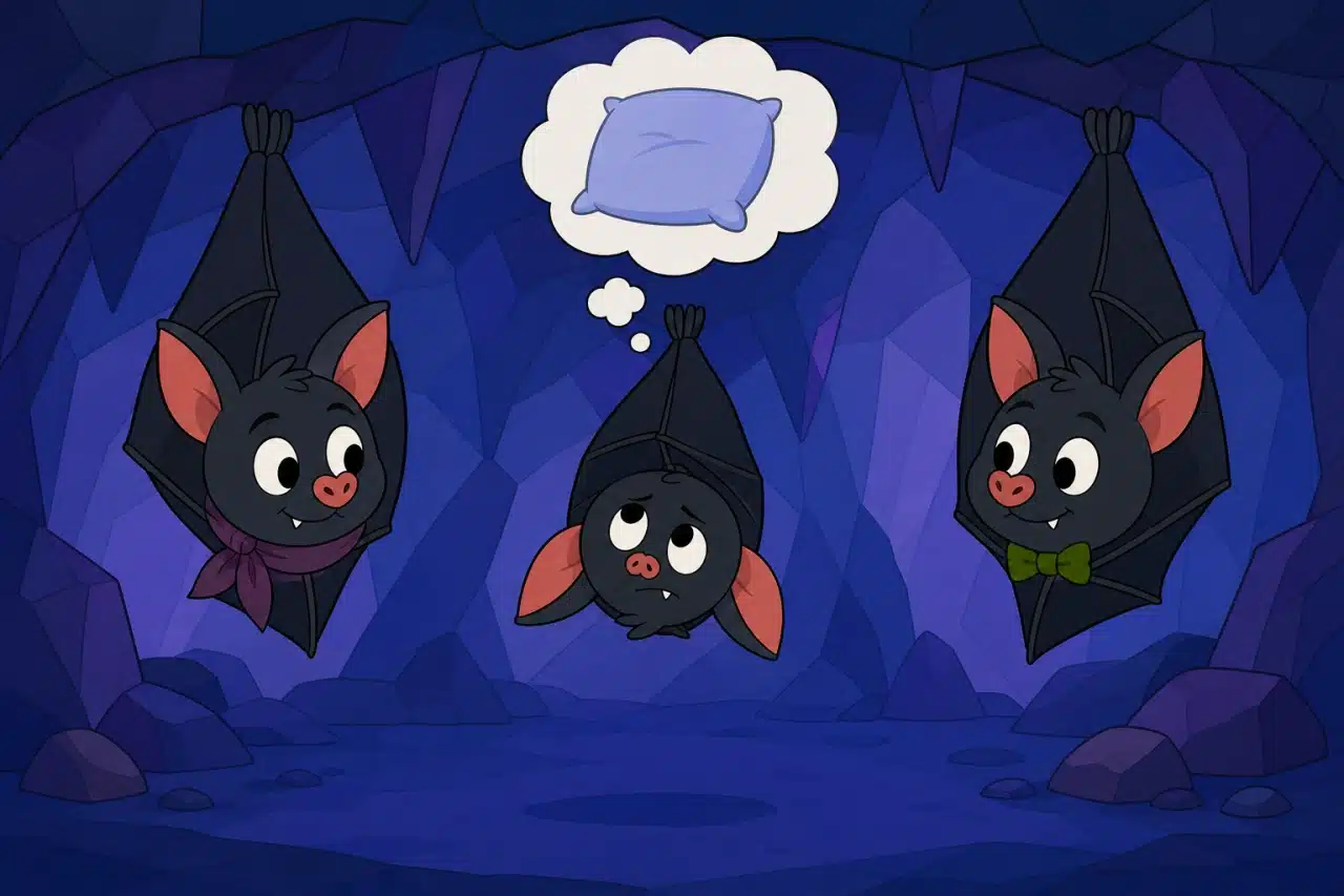 Batty hangs upside down between Mama Bat and Papa Bat while dreaming of a pillow.