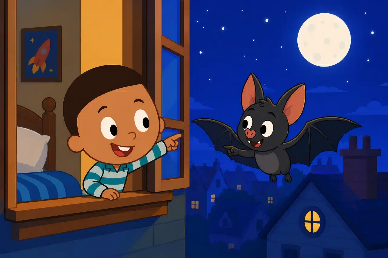 Ben points toward the night sky while Batty points toward the soft bed.
