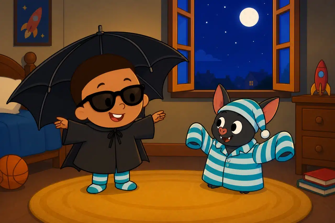 Ben wears an umbrella bat disguise while Batty disappears inside striped pajamas.