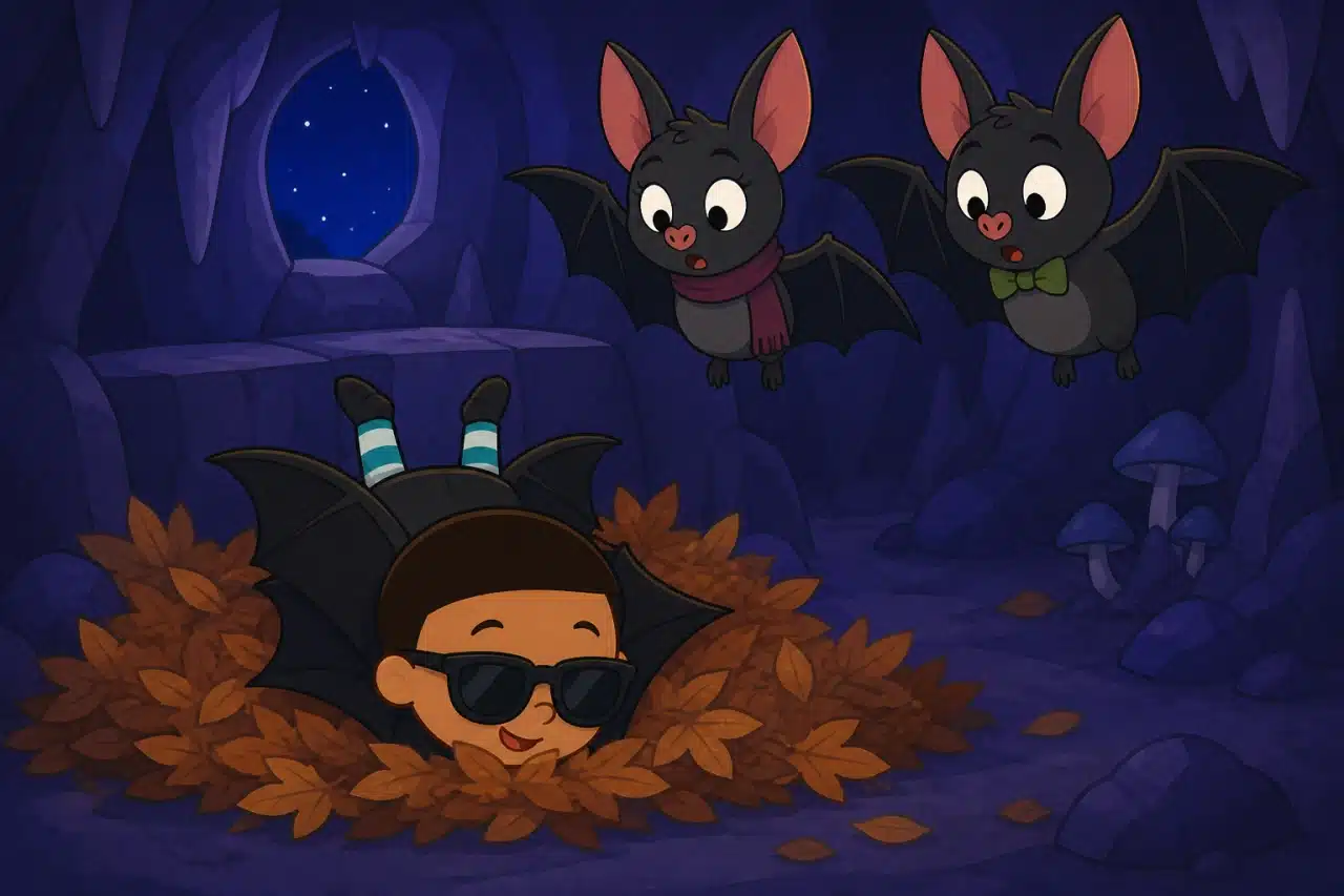 Ben tumbles into a soft pile of leaves while the surprised bat parents watch.