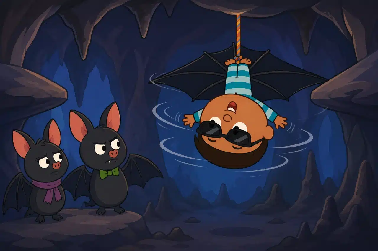 Ben spins upside down on a jump rope when his umbrella catches between cave rocks.