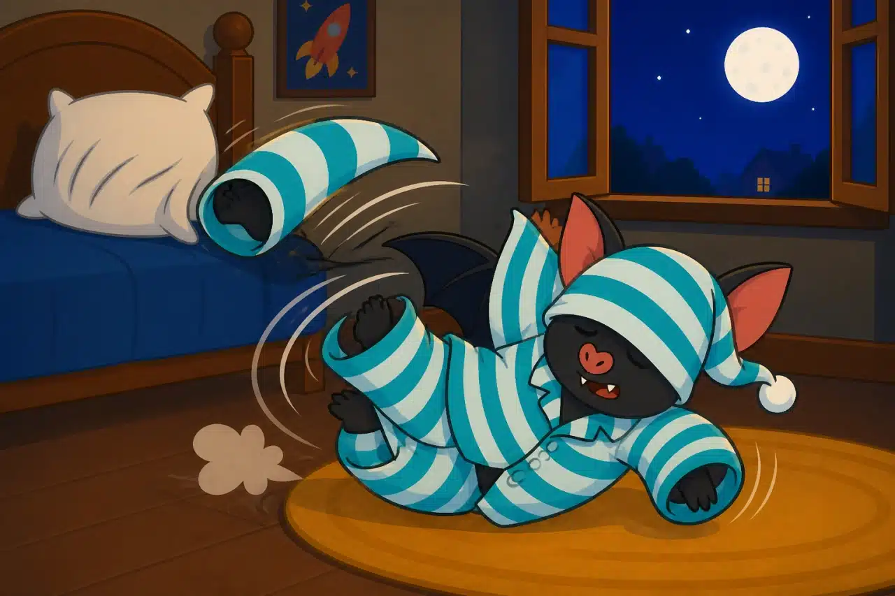 Batty tumbles onto the rug while tangled in oversized striped pajamas.