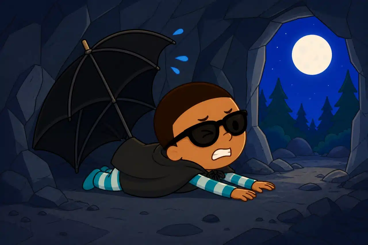 Ben pulls toward the cave exit while his open umbrella remains wedged behind him.