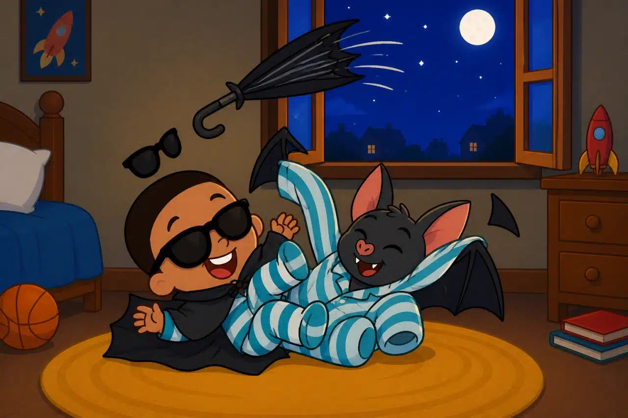 Ben and Batty tumble into the bedroom together and laugh at their tangled disguises.