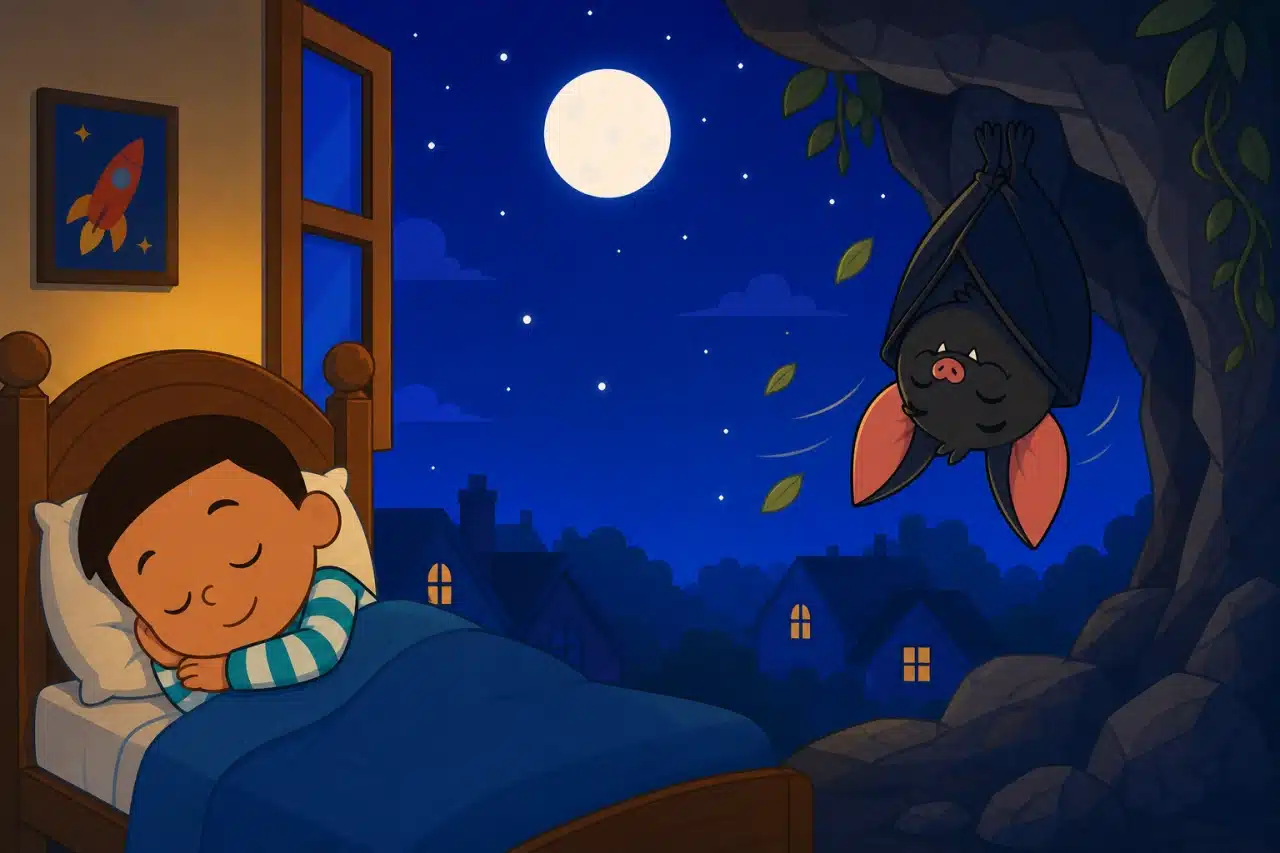 Ben sleeps in his soft bed while Batty rests comfortably upside down in his cave.