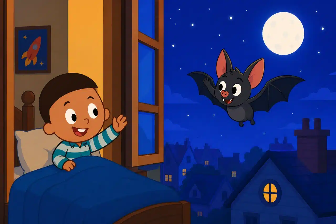 Ben waves from his warm bed as Batty waves back from the starry night sky.