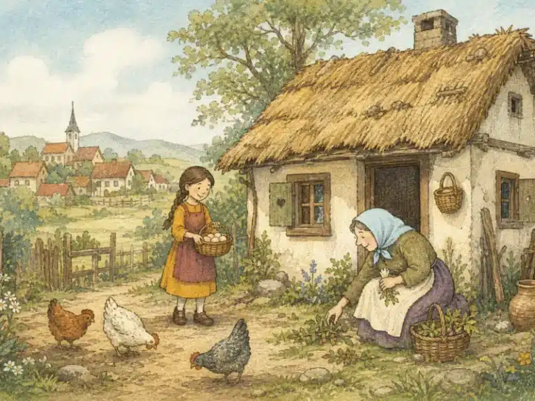 The poor widow and her kind daughter outside their thatched cottage with chickens.