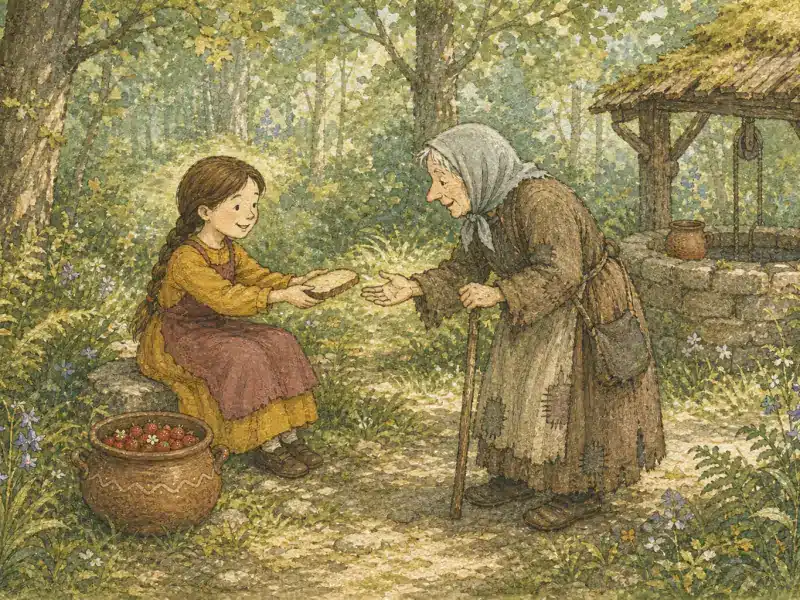 La niña de buen corazón comparte su última rebanada de pan con una anciana junto a un pozo del bosque.