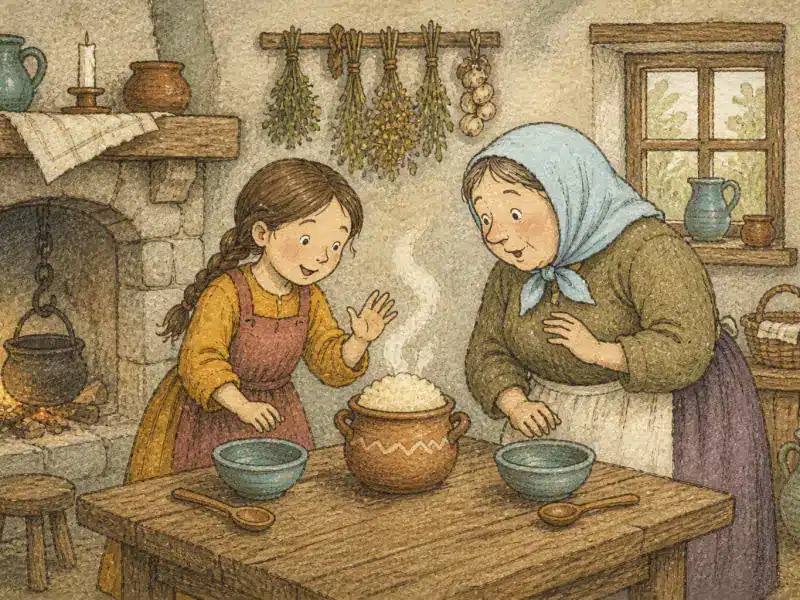 La madre y la hija observan cómo la olla mágica se llena de gachas de avena calientes.