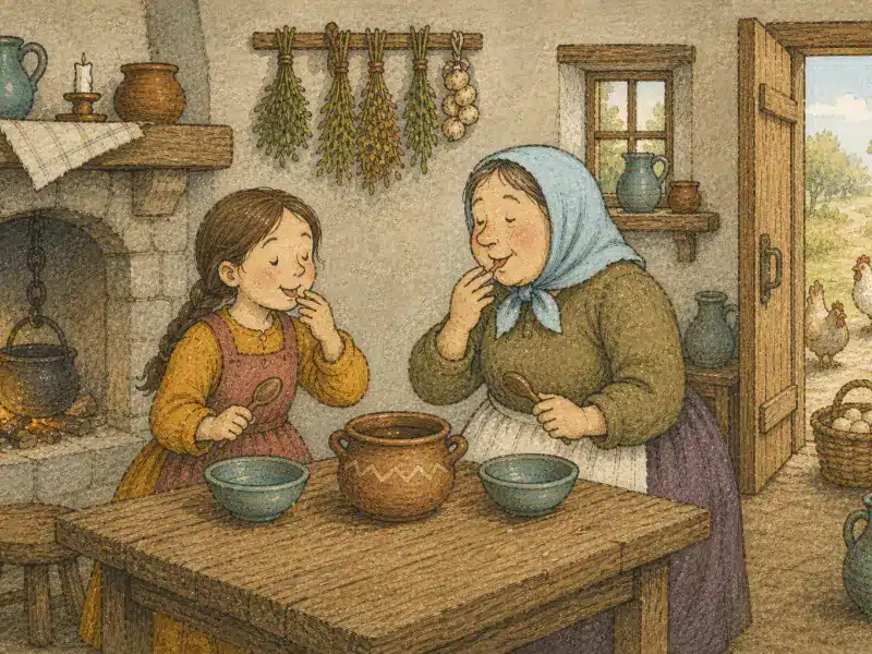 La madre y la hija terminan felices sus primeros cuencos de deliciosas gachas mágicas.