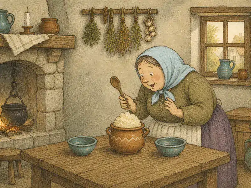 La madre hambrienta pide a la ollita mágica que cocine mientras su hija está en el mercado.