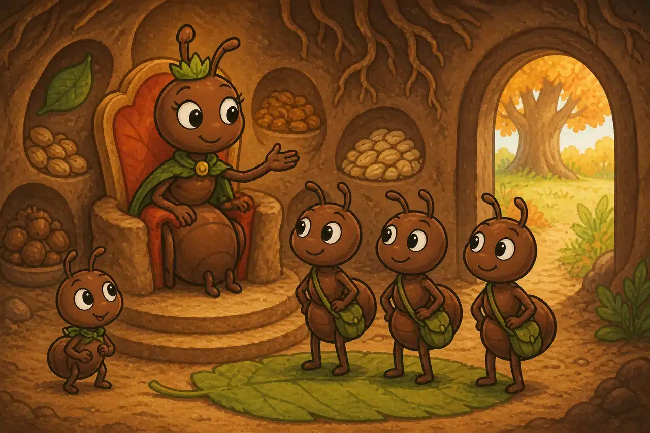 La Reina hormiga envía a tres exploradores fuertes hacia el viejo roble para buscar manzanas caídas.