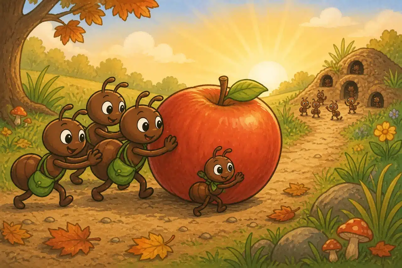 Milo y los exploradores rescatados hacen rodar una enorme manzana roja hacia casa al amanecer.